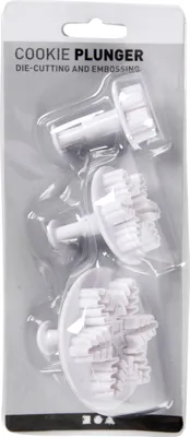 Obrázek produktu pro Vykrajovátko na sušenky s rukojetí s razítkem, bílé, sněhová vločka, D: 3,2+4,8+6,5 cm, 3 ks/1 balení.