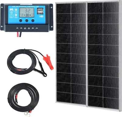 Zdjęcie produktu dla zestaw paneli słonecznych 200W z 2 monokrystalicznymi modułami słonecznymi 12V i kontrolerem ładowania System solarny 16.66A Współczynnik konwersji 23% Kompatybilny z akumulatorami AGM, GEL, FLD, LI Idealny do kamperów, jachtów Zuh