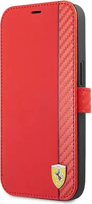 A red Ferrari branded iPhone 13 mini flip case with a carbon fiber stripe and the Ferrari logo.