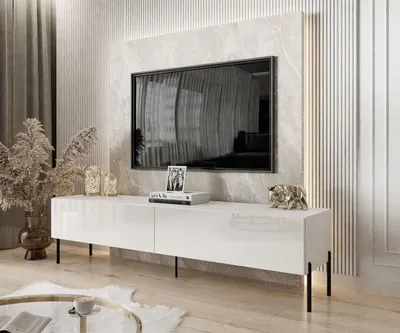 Produktbild von lukmebel TV-Möbel COLETTE II Weiß Hochglanz, 175x48x40 cm (BxHxT), LED-Beleuchtung, Push-Open Klappen, 2 Nischen, Schwarz Matt Laminat & Metall, 16mm Plattenstärke