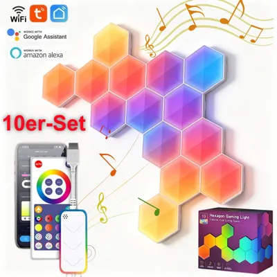 Produktbild von LED Hexa Lichtpanels RGBIC Musik Sync, 16 Millionen Farben, WiFi & Bluetooth, App & Fernbedienung, für Partybeleuchtung Gaming DIY Deko, 10er Set.