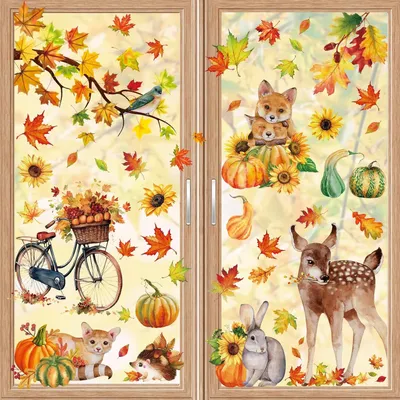 Produktbild von 68 Stück Fensterbilder Herbst selbstklebend, Wiederverwendbare Fensterdeko Fenster für Thanksgiving ohne Kleber - Deko mit Ahornblättern, Kürbissen