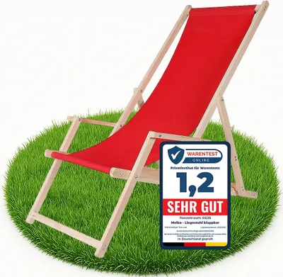 A red deck chair on a circular patch of grass with a product review badge.