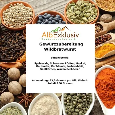 AlbExklusiv, Gewürzzubereitung für Wildbratwurst, kein tatsächliches Produktfoto von Wildbratwurst
