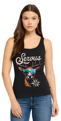 Produktbild von Spreadshirt Servus Hirsch Mit Sonnenbrille  Frauen Premium Tank Top, L, Schwarz