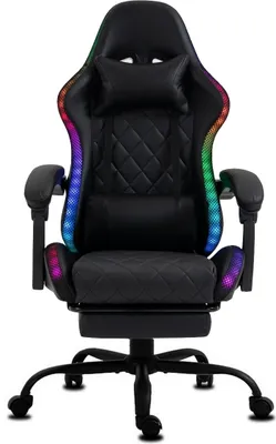 Produktbild von Delman Gaming Stuhl Bürostuhl Ergonomisch RGB LED Beleuchtung Kunstleder Sessel mit Fußstütze Metallfußkreuz 02-0055BK