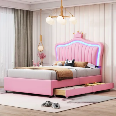 Produktbild von Flieks Polsterbett 90x200cm mit Lattenrost, Jugendbett Kinderbett mit Led, Einzelbett mit 2 Schubladen, Holzbett Klassisches Bett, PU, Rosa