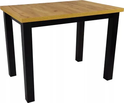 A small rectangular table with a wooden top and black legs, shown against a white background.