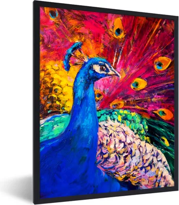 Produktbild von MuchoWow® Gerahmtes Poster Gemälde - Vogel - Pfau - Ölgemälde 60x80 cm - Poster mit Schwarzem Bilderrahmen Wandposter Rahmen Foto Bilder - Premium - Wanddeko Wohnzimmer