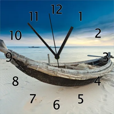 Produktbild von Wallario Design Wanduhr Fischerboot am Strand mit Sonnenuntergang aus Echtglas, Größe 30 x 30 cm