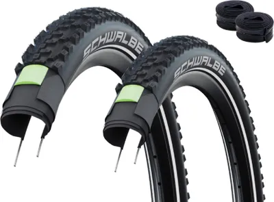 Image de 2 pneus de vélo Schwalbe SMART SAM Plus Performance DD GreenGuard ADDIX E-50 noir réfléchissant 54-622 (29 x 2,10) + 2 chambres à air Schwalbe SV19F, démonte-pneus maxxi4you inclus