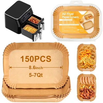 Immagine prodotto di 150 fogli di carta forno per friggitrice ad aria, rettangolari, dimensioni 14x22 cm, adatti a cestelli da 4-6,5 litri