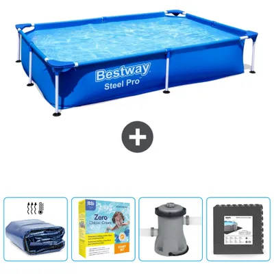 Produktbild von Bestway rechteckiger Steel Pro-Schwimmbecken – 221 x 150 x 43 cm – Blau – im Lieferumfang enthalten Sonnensegel - Wartungspaket - Pumpe - Bodenfliesen