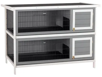 Produktbild von Kleintierstall für Meerschweinchen und Zwergkaninchen, doppelstöckig, Holz, Grau