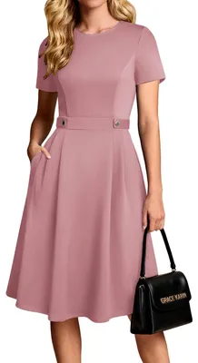 Imagen del producto de Vestido de corte en A con mangas cortas, color gris rosado, con bolsillos