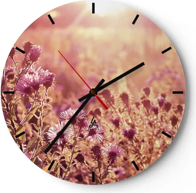 Produktbild von Wanduhr - Rund - Glasuhr - Wiese Blumen Sonne - 40x40cm - Schleichendes Uhrwerk - Lautlos - zum Aufhängen bereit - Dekoration Modern - Wanddekoration aus Glas - C3AR40x40-4819