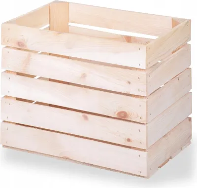 A light-colored wooden crate is shown against a white background.