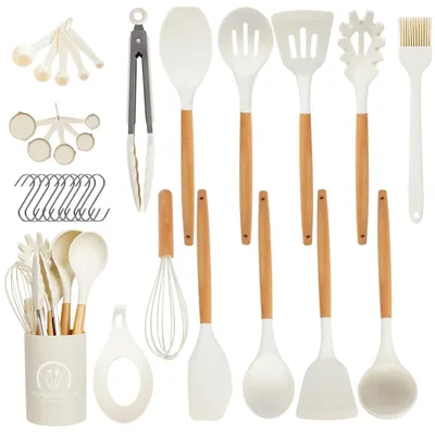 Immagine prodotto di Set di utensili da cucina in silicone – 33 pezzi con manico in legno