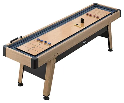 Image de Table de shuffleboard VEVOR de 2,7 mètres, avec 8 palets, idéale pour une salle de jeux à domicile. Surface de jeu résistante aux rayures pour un jeu fluide et rapide. Pieds réglables pour une stabilité optimale. Livrée avec cire et brosse