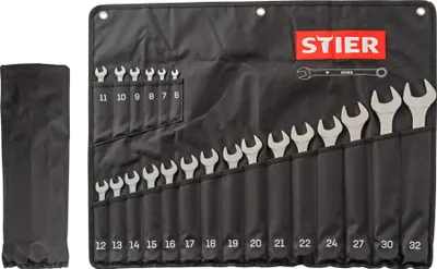 Produktbild von STIER Ringmaulschlüssel-Satz, SW 6 - 32 mm, 21-teilig, aus hochwertigem Chrom-Vanadium-Stahl, in mattchromierter Ausführung, 12H Profil, mit Aufbewahrungstasche