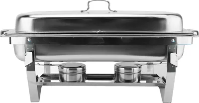 A stainless steel chafing dish with a lid and fuel burners.