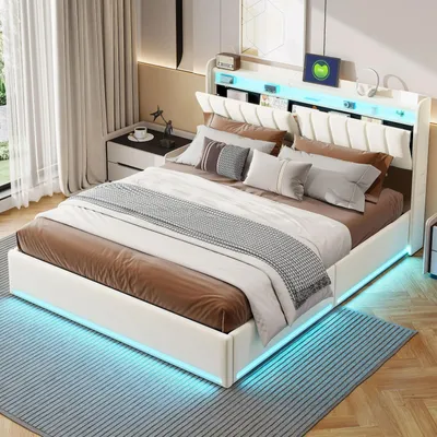 Image de Lit double 160 x 200 cm - Lit rembourré - Tête de lit avec éclairage LED et port USB - Compartiment de rangement - Avec espace de rangement - Revêtement en velours - Structure en métal - Beige