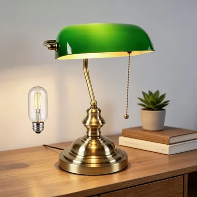 Grüne Bankierslampe mit Messingfuß, Vintage, inkl. Leuchtmittel