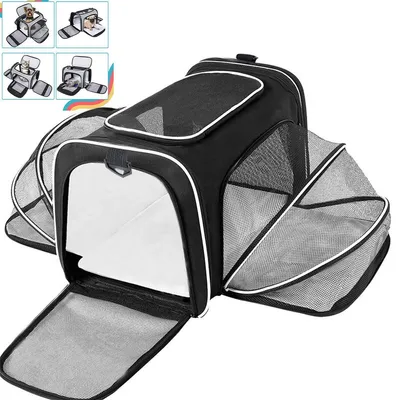 A black and white pet carrier with multiple mesh expandable sides, shown with the front flap open.