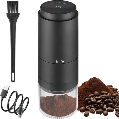 Produktbild von Tragbare Kaffeemuehle mit 38 Mahleinstellungen, digitaler Leistungsanzeige, 5-Klingen-Keramik-Kegelmahlwerk, Ein-Knopf-Start und automatischer Stopp, tragbare elektrische Espressomuehle mit wiederaufladbarem Akku, transparentem, herausnehmbarem Pulverbehaelter