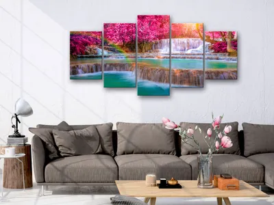 Produktbild von Akustikbild Landschaft Wasserfall 200x100 cm Bilder Akustikschaum Hochleistungsschallabsorber Schallschutz Leinwand 5 tlg Wandbild Raumakustik Schalldämmung c-B-0128-b-m