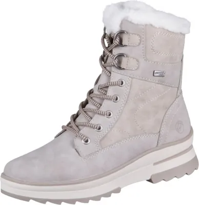 A single beige winter boot is shown against a white background.