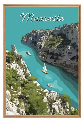 Image de Tableau mural encadré illustration calanque 65x97 cm, Tableau mural moderne pour décoration intérieure