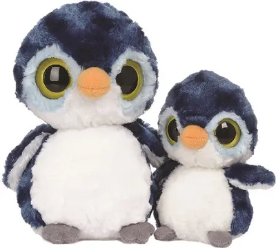 Two plush penguins, one larger than the other, are shown against a white background.