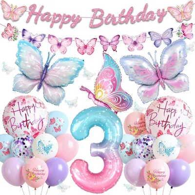 Image de Décoration d'anniversaire papillon, pour une fille de 3 ans, 46 pièces : ballons, guirlande, ballons en aluminium, rose