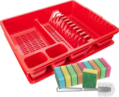 Produktbild von WELLGRO Abtropfgestell aus Kunststoff mit Reinigungsbürste und 10 Schwämmen - 44x35x9 cm (LxBxH) - Schale Geschirrkorb Abtropfkorb Abtropfgitter für Spüle Europe
