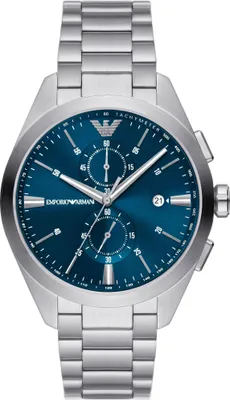 A close-up studio shot of a men's wristwatch with a blue dial and silver metal band.