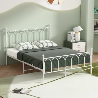 Produktbild von MODFU Metallbett Bettrahmen 140 × 200 mit Kopfteil,Doppelbett Jugendbett mit Anti-Rutsch-Design,ohne Matratze,Weiß