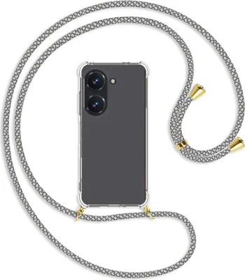 Produktbild von Handykette Backcover-Schutzhülle mit Band (Metall goldfarben) für Asus Zenfone 9 / Zenfone 10 (5.9'') - weiß/grau kariert