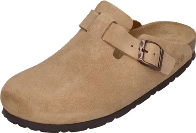 A single beige clog shoe on a white background.