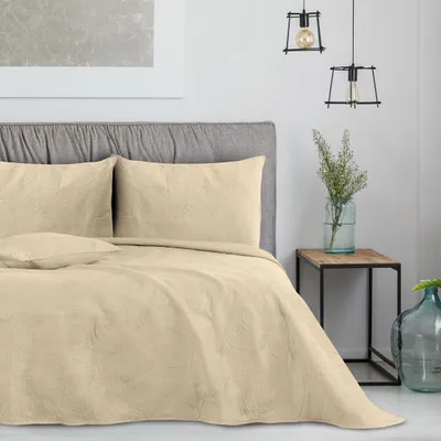 Produktbild von Tagesdecke Bettüberwurf Blättermuster Steppung Samt 170 x 210 cm - Beige-cappucino