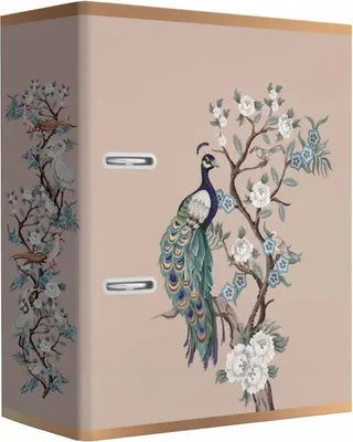 A binder with a peacock and floral design.