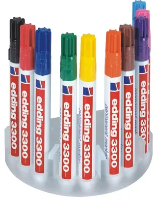 Produktbild von Edding 3300, Schwarz, Blau, Braun, Grün, Hellblau, Orange, Pink, Rot, Violett, Gelb, Meißel, Gemischte Farben, 1 mm, 5 mm, Eisen, Kunststoff, Leder, Polystyrene, Stahl, Stein, Folie, Karton, Glas, Gummi, Metall, Keramik,...