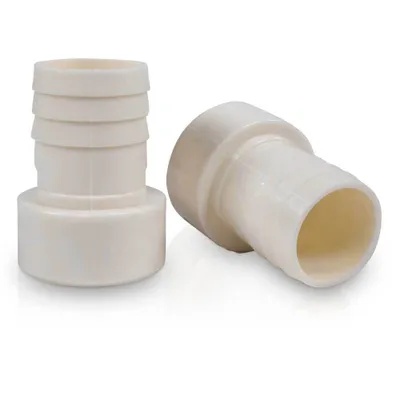 Two white plastic hose adapters are shown on a white background.