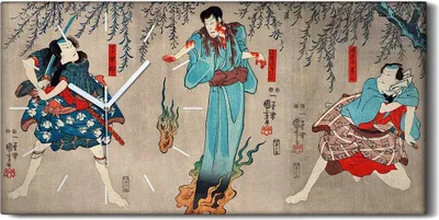Produktbild von Wohnzimmer-Bild Leinwand Uhr 60x30 Malerei Asiatische Kimono Samurai Kunst - weiße Hände