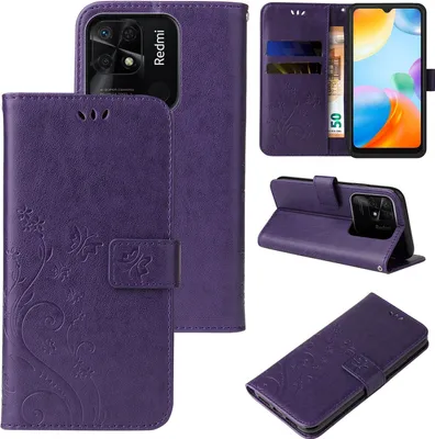 Produktbild von Handyhülle für Xiaomi Redmi 10C Floral Blumen Schmetterling Flip Cover Hülle Case Klapphülle Handytasche Farbe: Violett