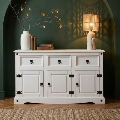Produktbild von Sideboard RURAL im Mexiko Stil weiß lasiert Kommode Kiefer massiv mit 3 Schubladen und 3 Türen