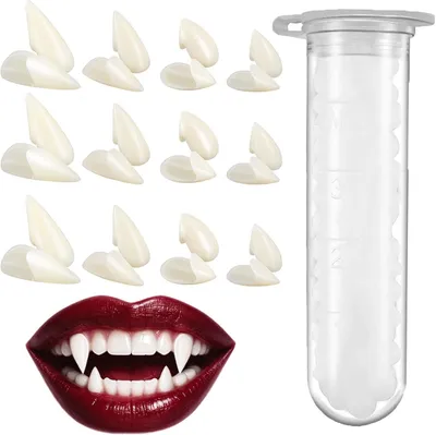 Image de Dents de vampire pour Halloween, 12 paires - 4 tailles - 1 tube de colle pour dents