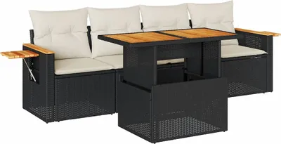 Image de vidaXL Ensemble de salon de jardin 5 pièces avec coussins Noir Poly rotin Acacia