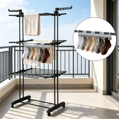 Produktbild von 4 Ebenen Klappbar Wäscheständer Turm,Upgrade Wäschetrockner mit 3 Sockenhaltern,Edelstahl Standtrockner Wäscheturm für Innen/Außen 170x75x49cm