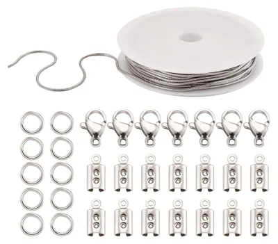 Produktbild von Edelstahl-Halsketten-Kette, 4,5 m, 1,2 mm, runde Schlangenketten mit Sprungring, Karabinerverschluss und faltbaren Quetschenden für Männer und Frauen zur Schmuckherstellung